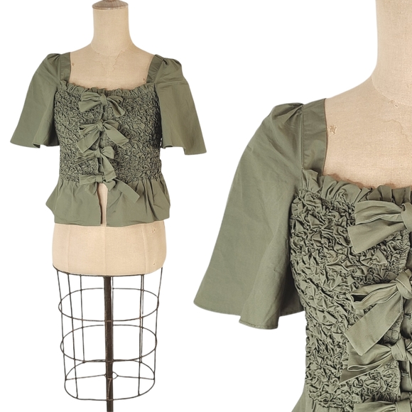 Anthropologie Tops - Anthropologie x Mare Mare Green Smocked Square Neck Tie Crop Nap Top